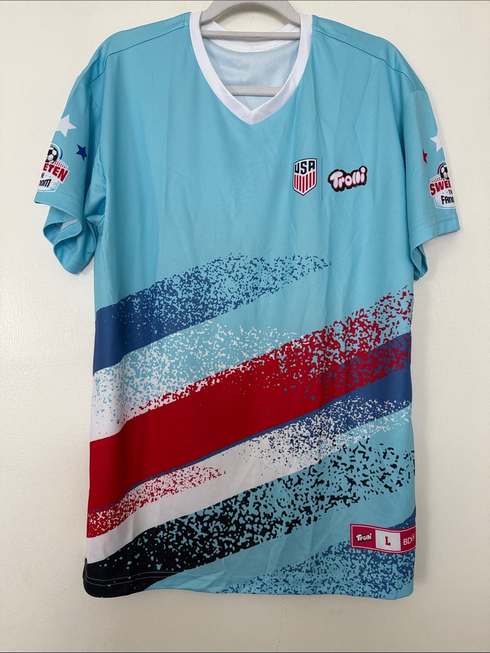 Light Blue USA Graphic Sports Tee with Red & Navy Accents